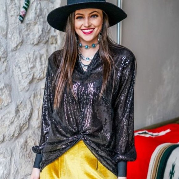 Black Long Sleeve Sequin Knot Tie Blouse NWT - Picture 4 of 5